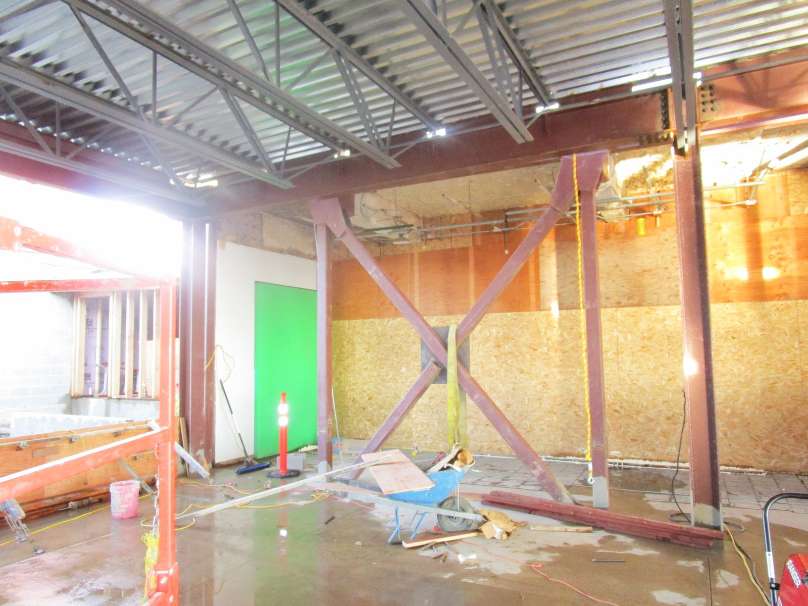 Steel frame of the KVAL TV studio addition under construction in Eugene, Oregon